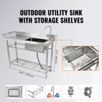 Lavello in Acciaio Inox, Lavello da Cucina Commerciale Monovasca a Libera Installazione con Piano di Lavoro, per Garage, Ristorante, Lavanderia