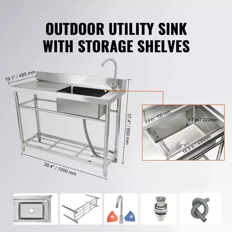 Lavello in Acciaio Inox, Lavello da Cucina Commerciale Monovasca a Libera Installazione con Piano di Lavoro, per Garage, Ristorante, Lavanderia