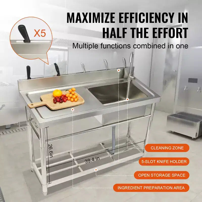 Lavello in Acciaio Inox, Lavello da Cucina Commerciale Monovasca a Libera Installazione con Piano di Lavoro, per Garage, Ristorante, Lavanderia
