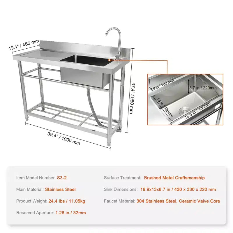 Lavello in Acciaio Inox, Lavello da Cucina Commerciale Monovasca a Libera Installazione con Piano di Lavoro, per Garage, Ristorante, Lavanderia