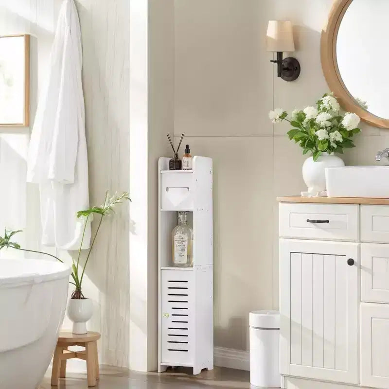 Mobiletto angolare per bagno, armadietto angolare impermeabile con portarotolo di carta igienica, organizer stretto per piccoli spazi, bianco
