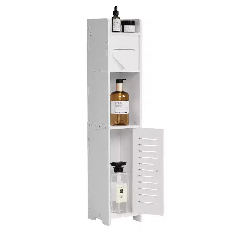 Mobiletto angolare per bagno, armadietto angolare impermeabile con portarotolo di carta igienica, organizer stretto per piccoli spazi, bianco