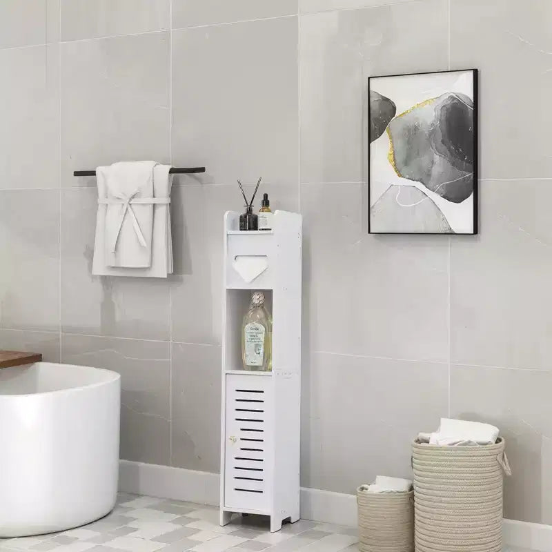 Mobiletto angolare per bagno, armadietto angolare impermeabile con portarotolo di carta igienica, organizer stretto per piccoli spazi, bianco