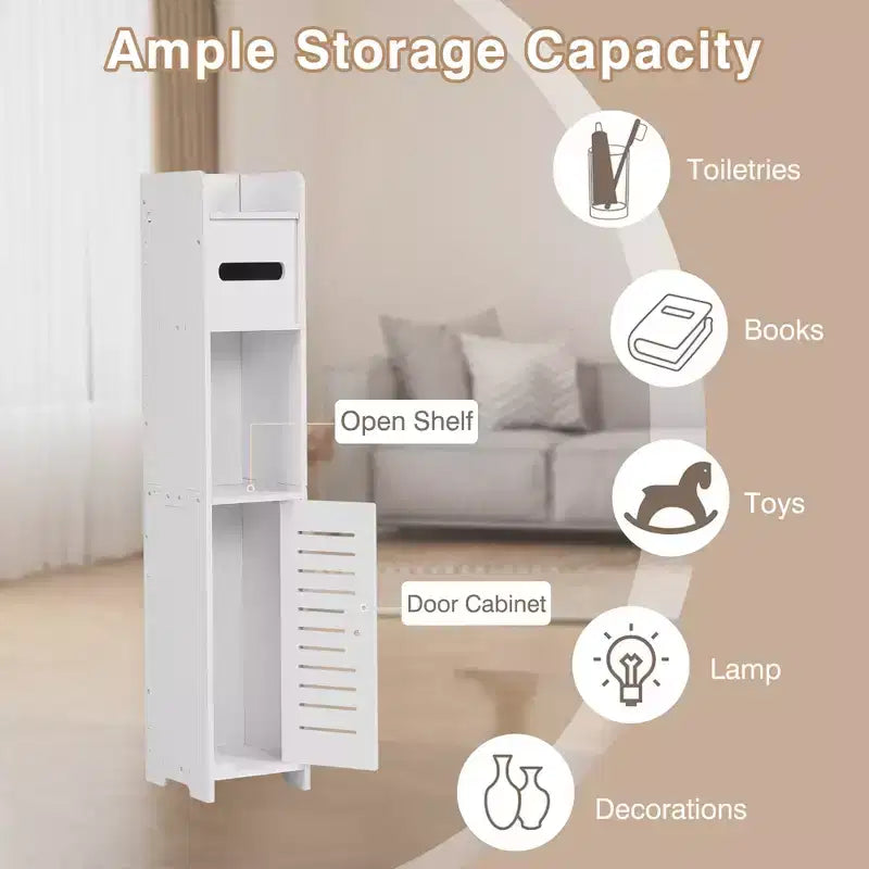 Mobiletto angolare per bagno, armadietto angolare impermeabile con portarotolo di carta igienica, organizer stretto per piccoli spazi, bianco