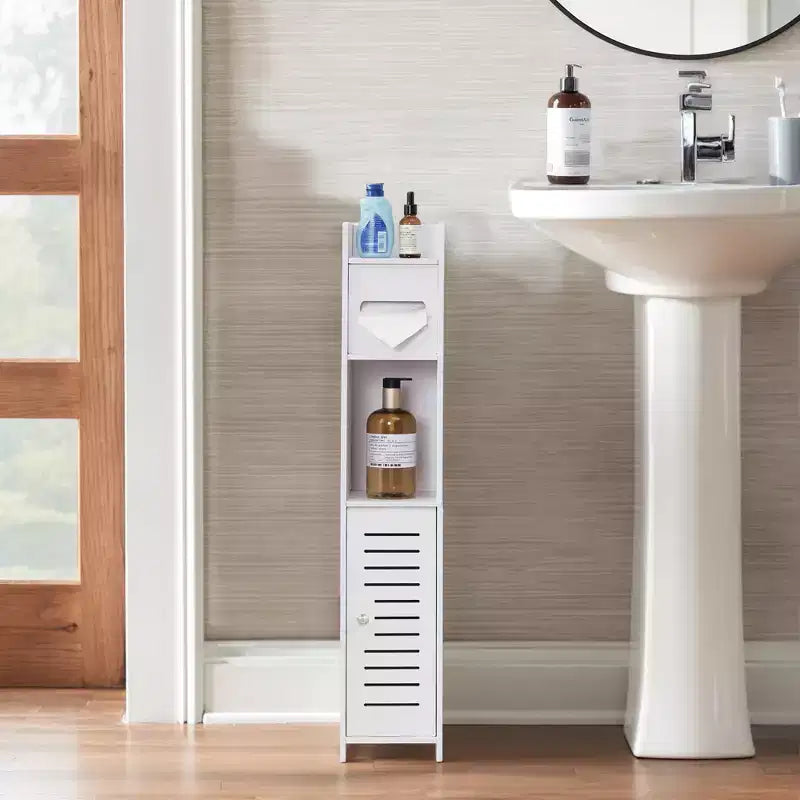 Mobiletto angolare per bagno, armadietto angolare impermeabile con portarotolo di carta igienica, organizer stretto per piccoli spazi, bianco