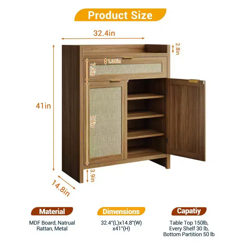 Scarpiera, Mobile Contenitore in Legno con Ante e Cassetto, Credenza Rattan con Ripiano Regolabile