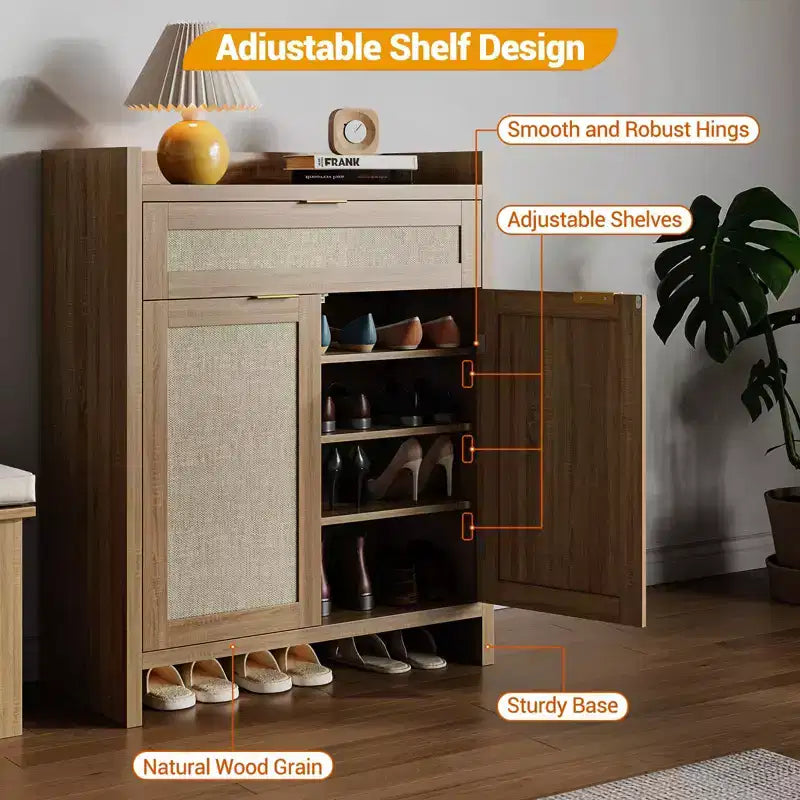 Scarpiera, Mobile Contenitore in Legno con Ante e Cassetto, Credenza Rattan con Ripiano Regolabile