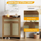 Scarpiera, Mobile Contenitore in Legno con Ante e Cassetto, Credenza Rattan con Ripiano Regolabile