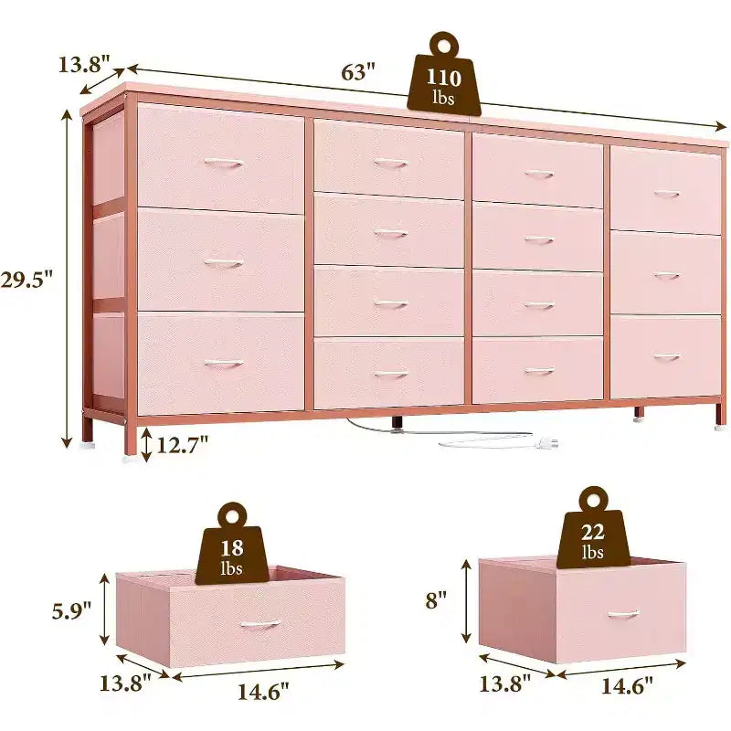 Comò porta TV extra largo da 160 cm con 14 cassetti in tessuto e alimentazione/USB integrata, mobile TV per televisori da 65-75 pollici, organizer per camera da letto