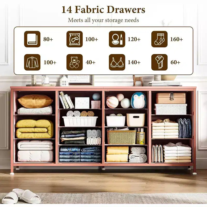 Comò porta TV extra largo da 160 cm con 14 cassetti in tessuto e alimentazione/USB integrata, mobile TV per televisori da 65-75 pollici, organizer per camera da letto