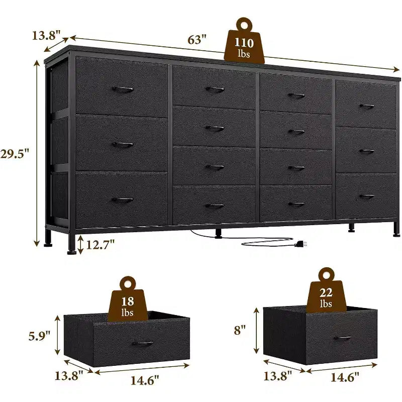 Comò porta TV extra largo da 160 cm con 14 cassetti in tessuto e alimentazione/USB integrata, mobile TV per televisori da 65-75 pollici, organizer per camera da letto