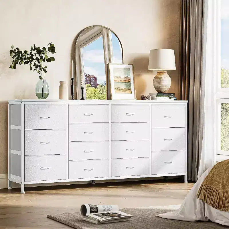 Comò porta TV extra largo da 160 cm con 14 cassetti in tessuto e alimentazione/USB integrata, mobile TV per televisori da 65-75 pollici, organizer per camera da letto