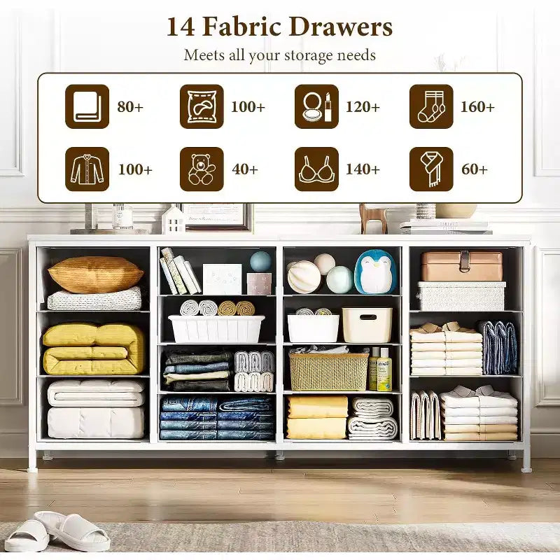 Comò porta TV extra largo da 160 cm con 14 cassetti in tessuto e alimentazione/USB integrata, mobile TV per televisori da 65-75 pollici, organizer per camera da letto