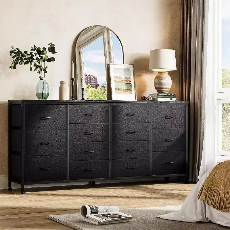Comò porta TV extra largo da 160 cm con 14 cassetti in tessuto e alimentazione/USB integrata, mobile TV per televisori da 65-75 pollici, organizer per camera da letto