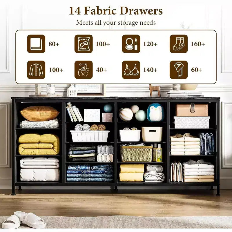 Comò porta TV extra largo da 160 cm con 14 cassetti in tessuto e alimentazione/USB integrata, mobile TV per televisori da 65-75 pollici, organizer per camera da letto