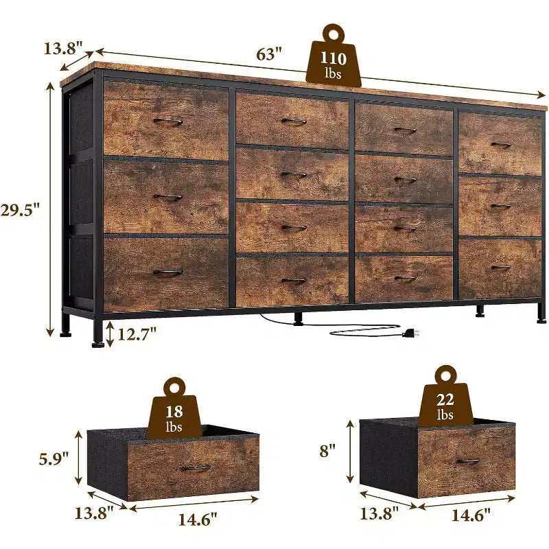 Comò porta TV extra largo da 160 cm con 14 cassetti in tessuto e alimentazione/USB integrata, mobile TV per televisori da 65-75 pollici, organizer per camera da letto