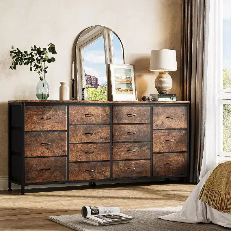 Comò porta TV extra largo da 160 cm con 14 cassetti in tessuto e alimentazione/USB integrata, mobile TV per televisori da 65-75 pollici, organizer per camera da letto