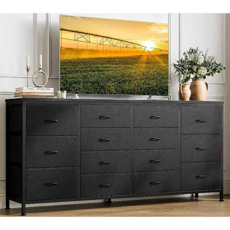63 Extra-Wide TV Stand Dresser with 14 Fabric Drawers & Built-in Power/USB  Entertainment Center for 65-75 TVs, Bedroom Storage Organizer