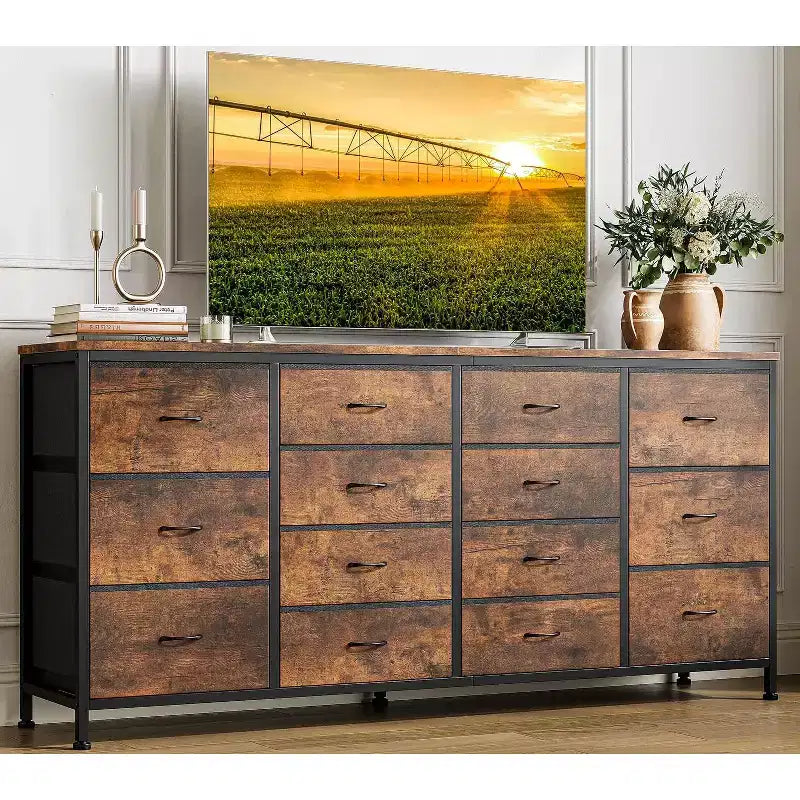 Comò porta TV extra largo da 160 cm con 14 cassetti in tessuto e alimentazione/USB integrata, mobile TV per televisori da 65-75 pollici, organizer per camera da letto