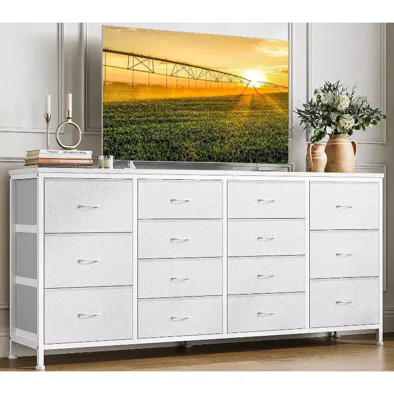 Comò porta TV extra largo da 160 cm con 14 cassetti in tessuto e alimentazione/USB integrata, mobile TV per televisori da 65-75 pollici, organizer per camera da letto
