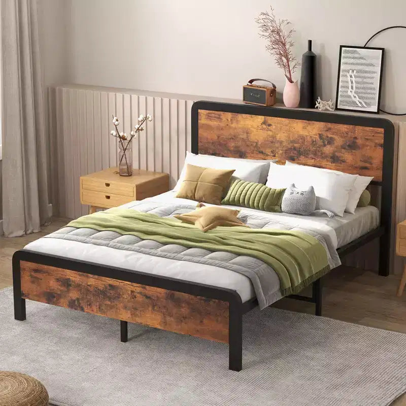 Struttura Letto con Testiera in Legno, Base a Piattaforma in Metallo con Angoli Arrotondati, 12 Spazi di Archiviazione Sottostanti