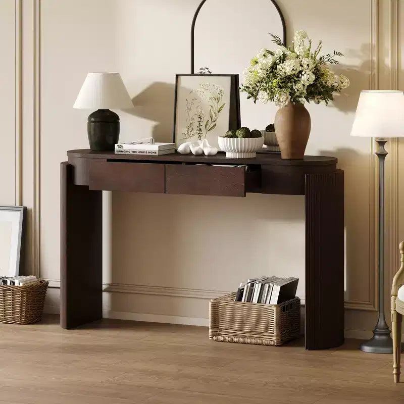 Consolle con finitura in venature di legno naturale, design scanalato, piano ovale e 2 cassetti per ingresso e soggiorno Espresso