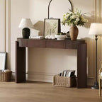 Consolle con finitura in venature di legno naturale, design scanalato, piano ovale e 2 cassetti per ingresso e soggiorno Espresso