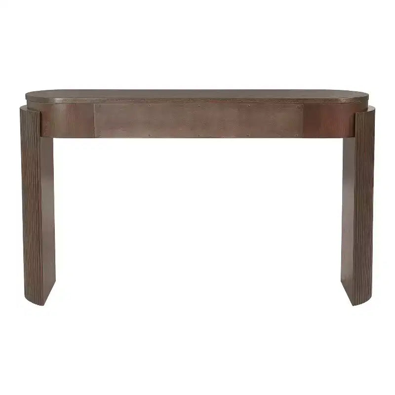 Consolle con finitura in venature di legno naturale, design scanalato, piano ovale e 2 cassetti per ingresso e soggiorno Espresso
