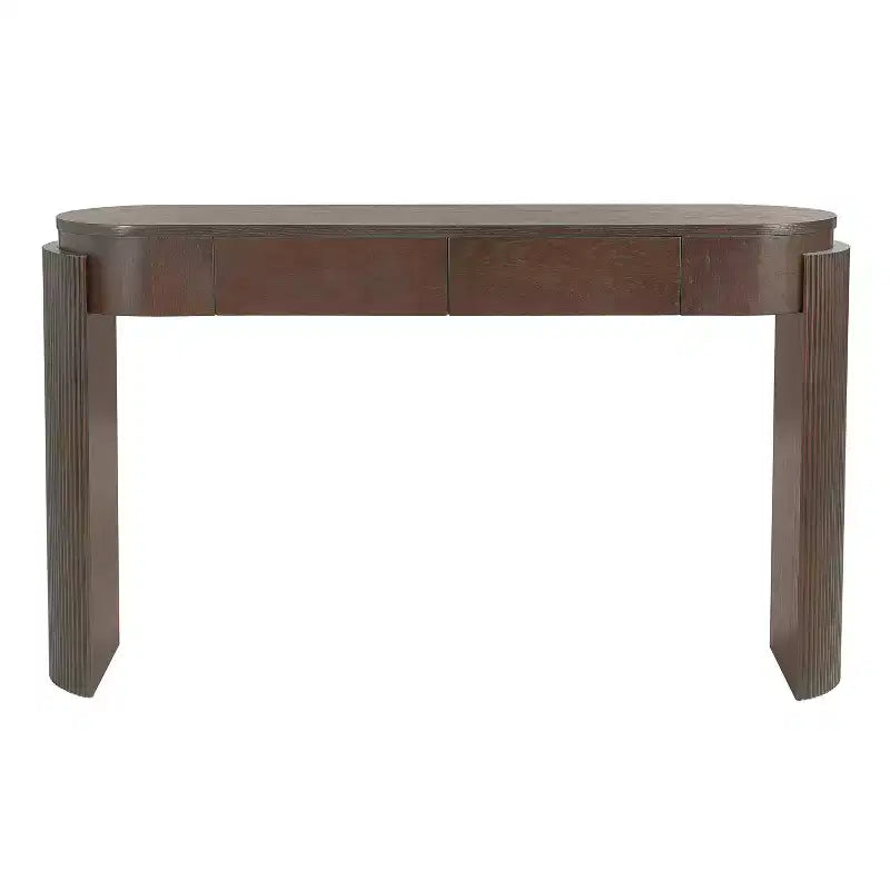Consolle con finitura in venature di legno naturale, design scanalato, piano ovale e 2 cassetti per ingresso e soggiorno Espresso