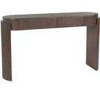 Consolle con finitura in venature di legno naturale, design scanalato, piano ovale e 2 cassetti per ingresso e soggiorno Espresso