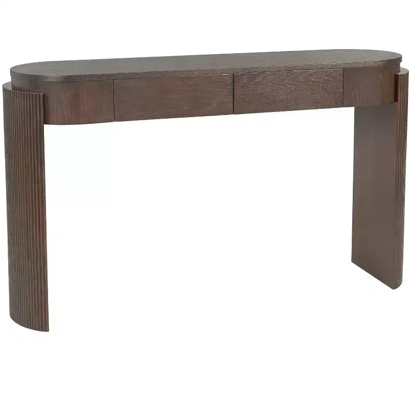 Consolle con finitura in venature di legno naturale, design scanalato, piano ovale e 2 cassetti per ingresso e soggiorno Espresso