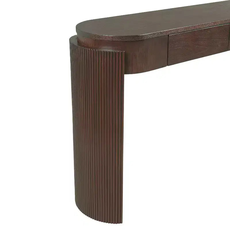 Consolle con finitura in venature di legno naturale, design scanalato, piano ovale e 2 cassetti per ingresso e soggiorno Espresso