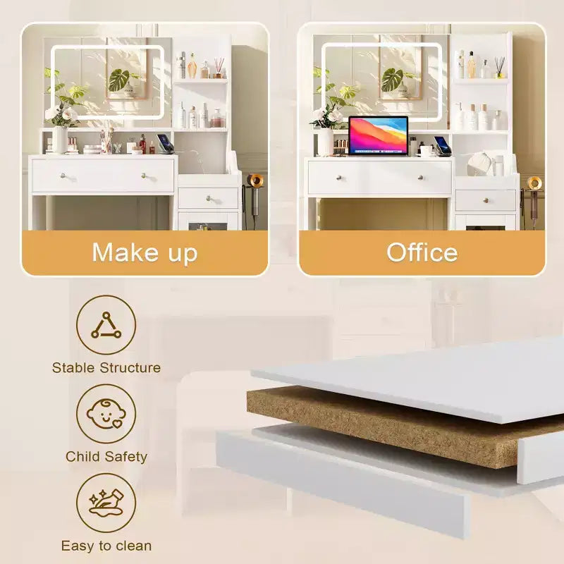 Toeletta con Specchio, Presa di Corrente, Supporto per Asciugacapelli, Tavolo da Trucco con 2 Cassetti, 3 Modalità di Colore Disponibili per la Camera da Letto