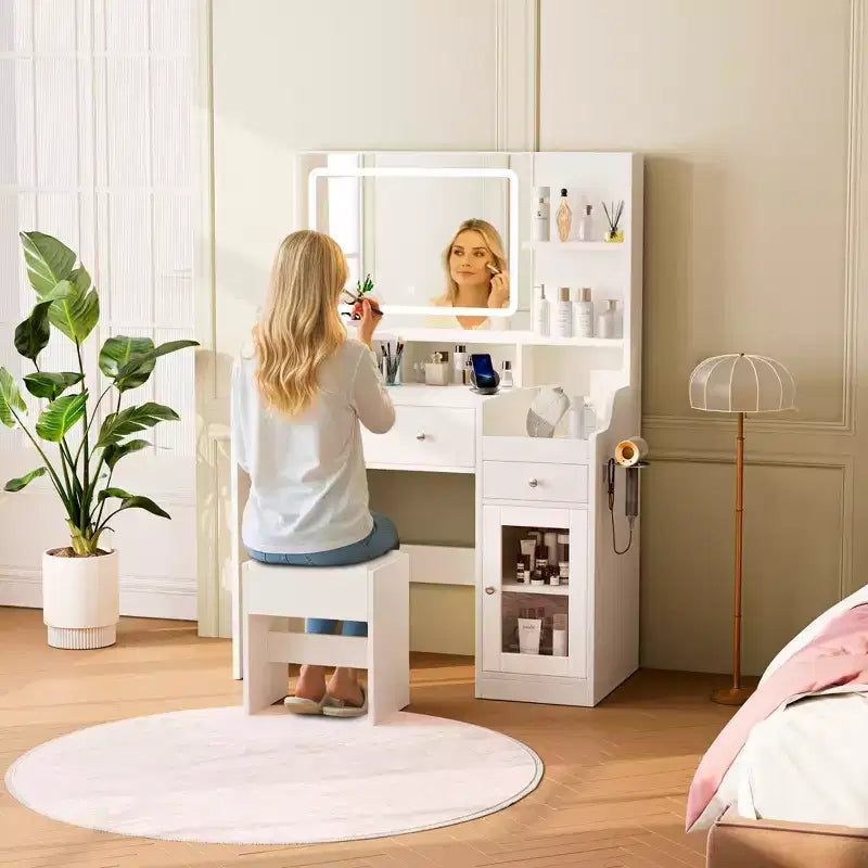 Toeletta con Specchio, Presa di Corrente, Supporto per Asciugacapelli, Tavolo da Trucco con 2 Cassetti, 3 Modalità di Colore Disponibili per la Camera da Letto