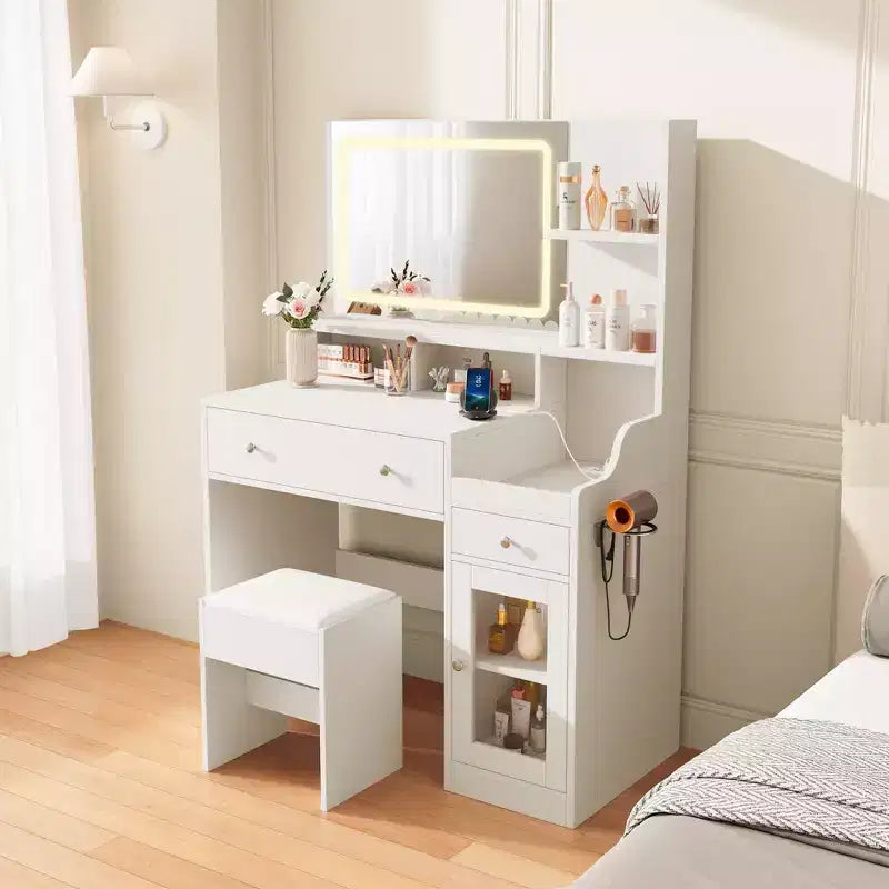 Toeletta con Specchio, Presa di Corrente, Supporto per Asciugacapelli, Tavolo da Trucco con 2 Cassetti, 3 Modalità di Colore Disponibili per la Camera da Letto