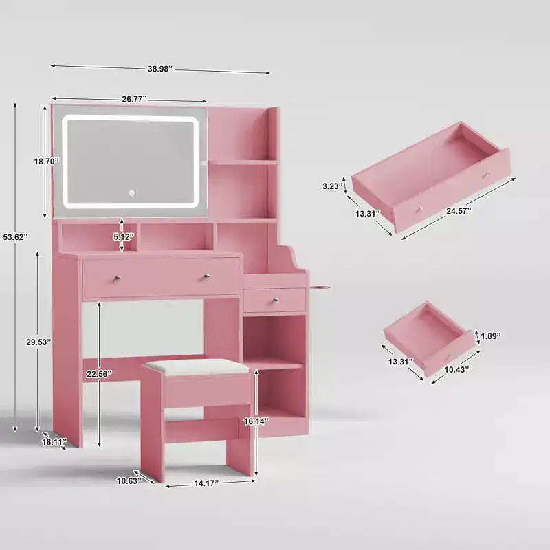Toeletta con Specchio, Presa di Corrente, Supporto per Asciugacapelli, Tavolo da Trucco con 2 Cassetti, 3 Modalità di Colore Disponibili per la Camera da Letto