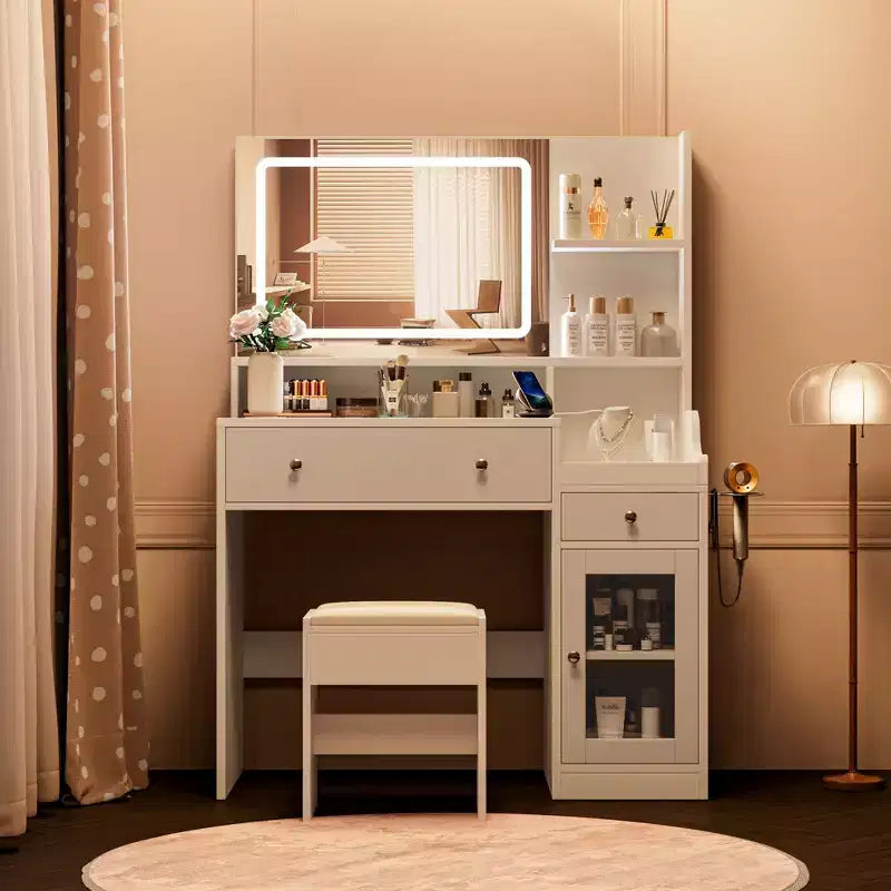 Toeletta con Specchio, Presa di Corrente, Supporto per Asciugacapelli, Tavolo da Trucco con 2 Cassetti, 3 Modalità di Colore Disponibili per la Camera da Letto