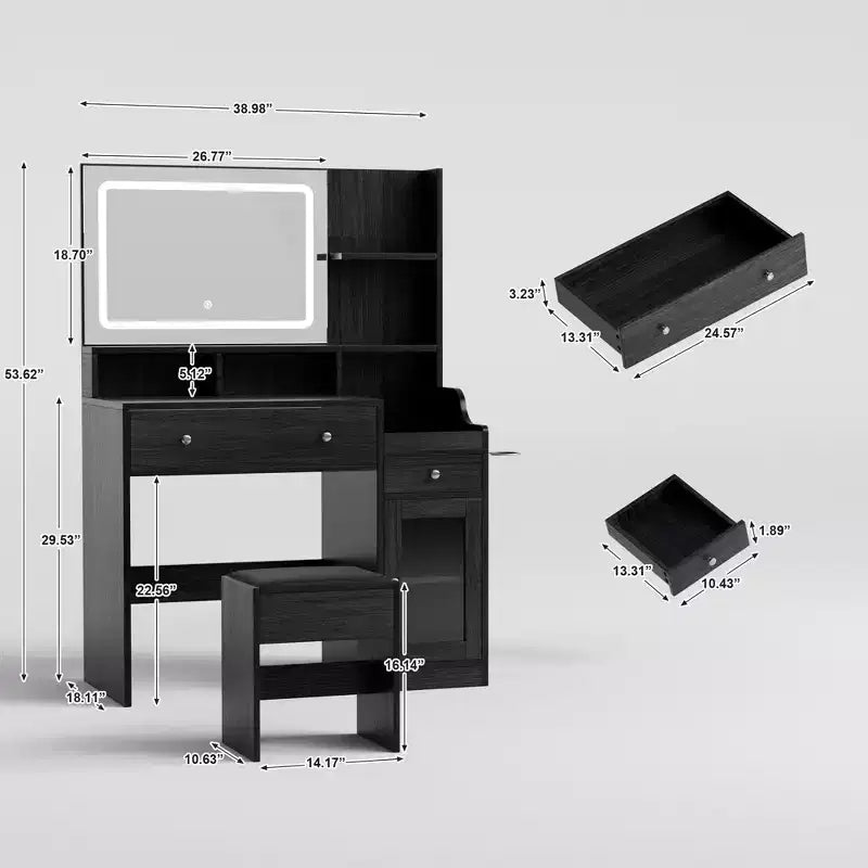 Toeletta con Specchio, Presa di Corrente, Supporto per Asciugacapelli, Tavolo da Trucco con 2 Cassetti, 3 Modalità di Colore Disponibili per la Camera da Letto