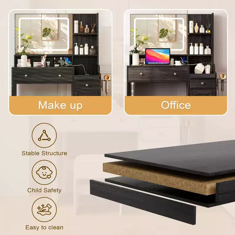 Toeletta con Specchio, Presa di Corrente, Supporto per Asciugacapelli, Tavolo da Trucco con 2 Cassetti, 3 Modalità di Colore Disponibili per la Camera da Letto