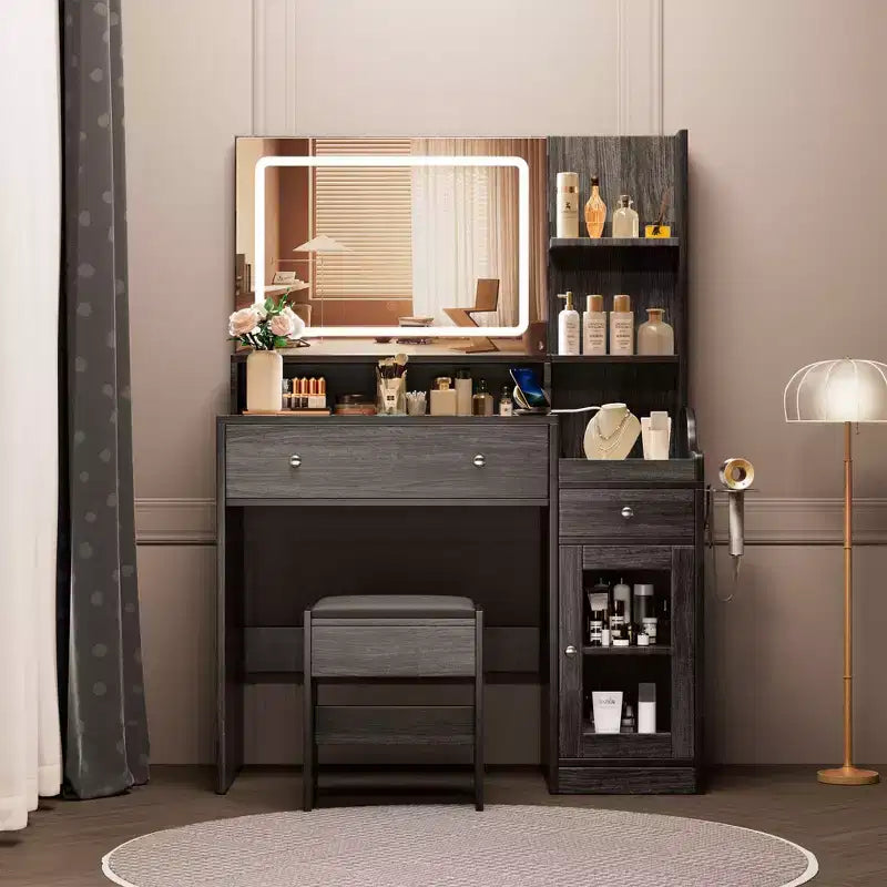 Toeletta con Specchio, Presa di Corrente, Supporto per Asciugacapelli, Tavolo da Trucco con 2 Cassetti, 3 Modalità di Colore Disponibili per la Camera da Letto