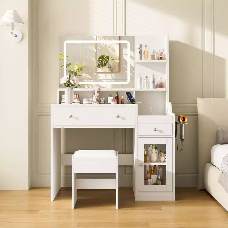Toeletta con Specchio, Presa di Corrente, Supporto per Asciugacapelli, Tavolo da Trucco con 2 Cassetti, 3 Modalità di Colore Disponibili per la Camera da Letto