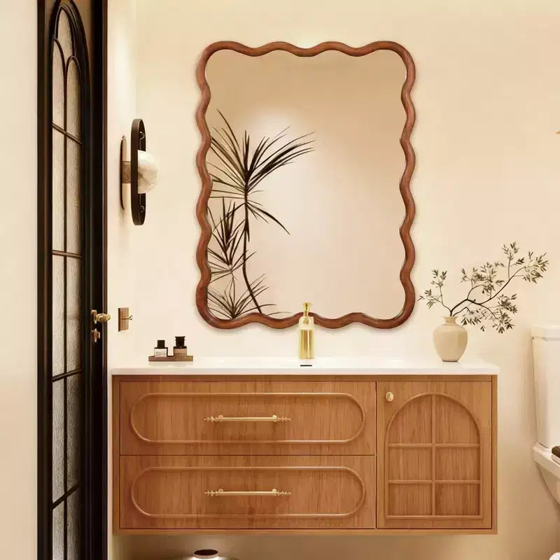 MAYEERTY Specchio Decorativo da 30 x 40 cm con Cornice Rettangolare Ondulata in Legno Massello per Camera da Letto, Bagno, Soggiorno Marrone Giallastro