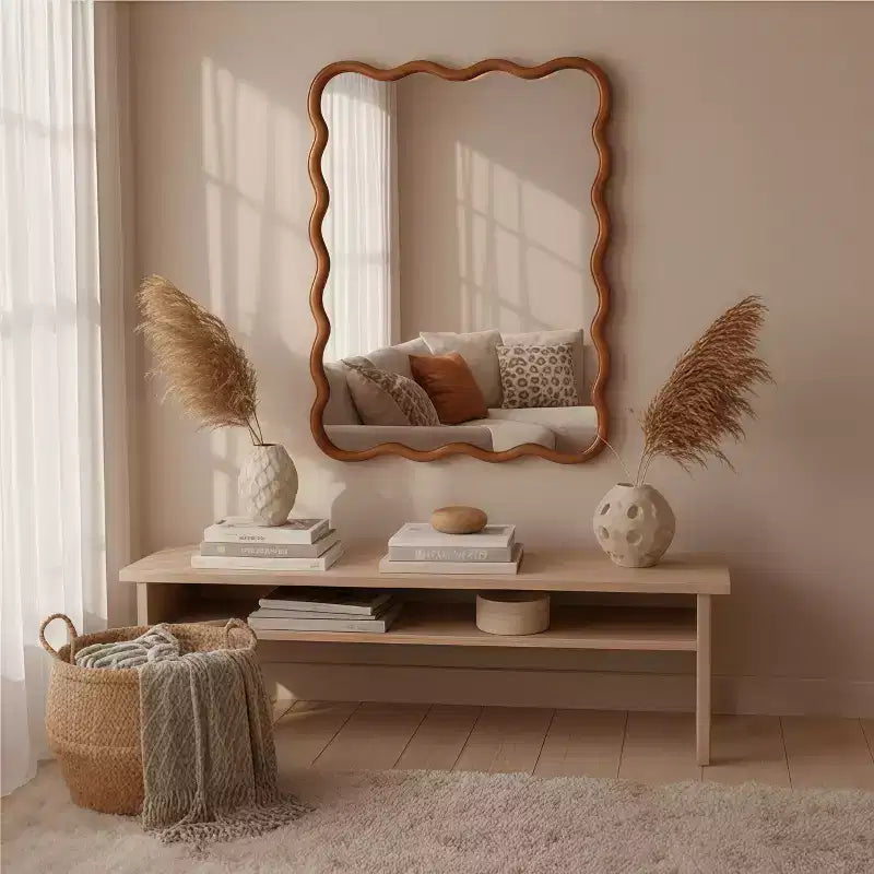 MAYEERTY Specchio Decorativo da 30 x 40 cm con Cornice Rettangolare Ondulata in Legno Massello per Camera da Letto, Bagno, Soggiorno Marrone Giallastro
