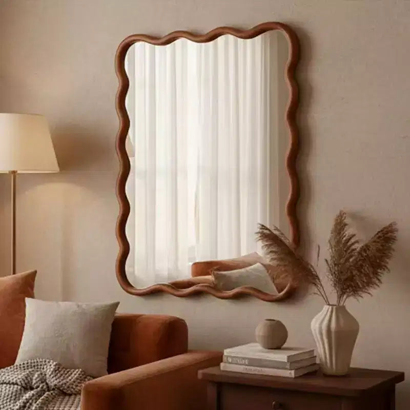 MAYEERTY Specchio Decorativo da 30 x 40 cm con Cornice Rettangolare Ondulata in Legno Massello per Camera da Letto, Bagno, Soggiorno Marrone Giallastro
