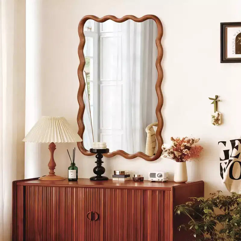 MAYEERTY Specchio Decorativo da 30 x 40 cm con Cornice Rettangolare Ondulata in Legno Massello per Camera da Letto, Bagno, Soggiorno Marrone Giallastro