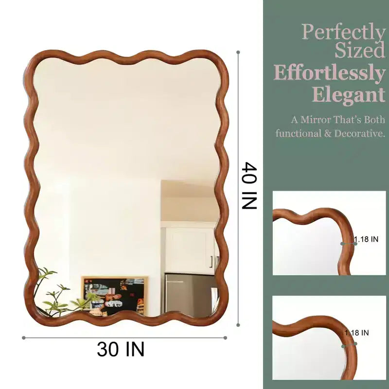 MAYEERTY Specchio Decorativo da 30 x 40 cm con Cornice Rettangolare Ondulata in Legno Massello per Camera da Letto, Bagno, Soggiorno Marrone Giallastro