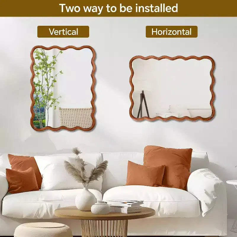 MAYEERTY Specchio Decorativo da 30 x 40 cm con Cornice Rettangolare Ondulata in Legno Massello per Camera da Letto, Bagno, Soggiorno Marrone Giallastro