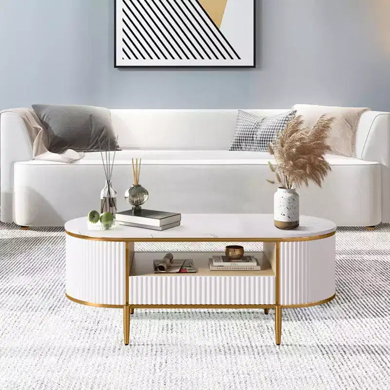 Tavolino da caffè moderno di lusso con scanalature, tavolino da caffè ovale da 120 cm con contenitore, piano in finto marmo, design a profilo curvo, gambe e maniglie in metallo dorato, bianco