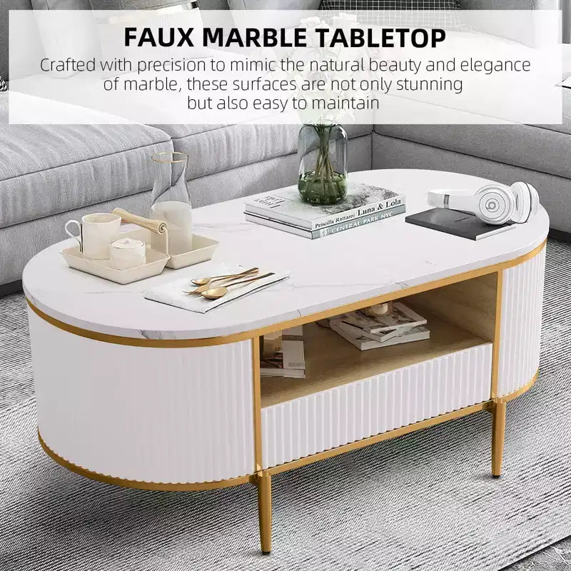 Tavolino da caffè moderno di lusso con scanalature, tavolino da caffè ovale da 120 cm con contenitore, piano in finto marmo, design a profilo curvo, gambe e maniglie in metallo dorato, bianco