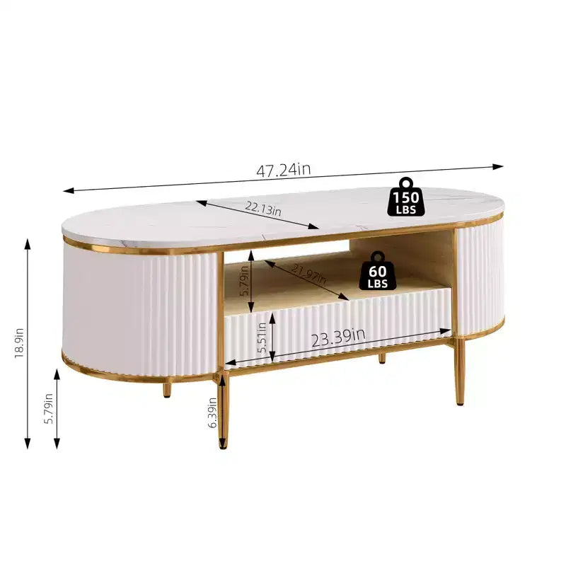 Tavolino da caffè moderno di lusso con scanalature, tavolino da caffè ovale da 120 cm con contenitore, piano in finto marmo, design a profilo curvo, gambe e maniglie in metallo dorato, bianco